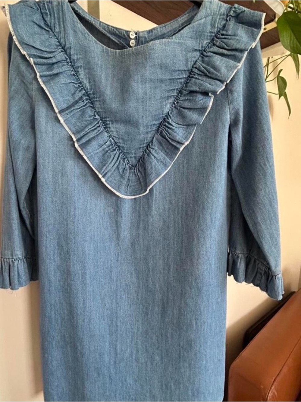 Ruffled Chambray Shift Dress - Light Blue